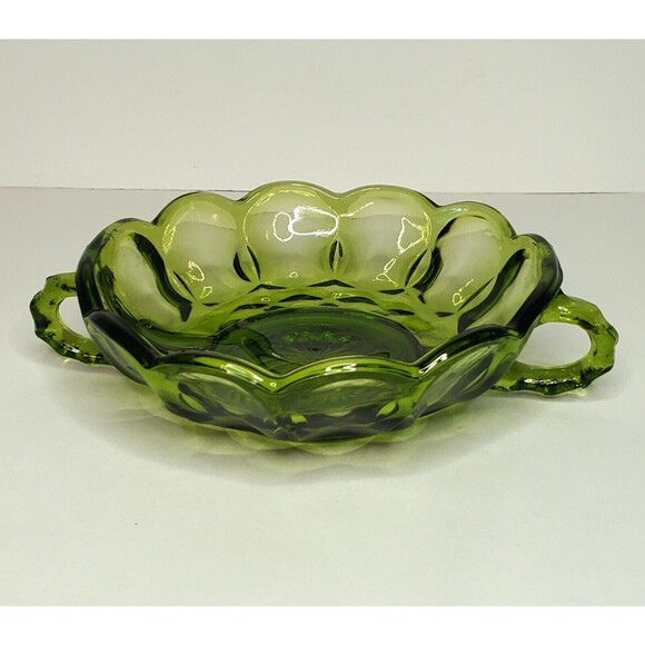 Anchor Hocking Fairfield Green Glass 2 Handle Scalloped Bowl Dish Vintage - Picture 1 of 10